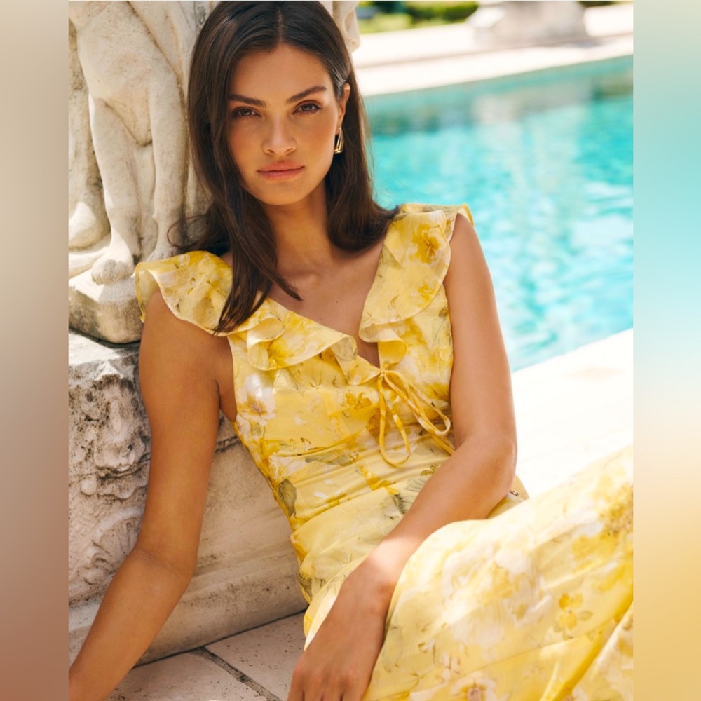 Ever New Lenny Godet Yellow & Cream Midi Dress with Textured Details Sz UK12/US8
